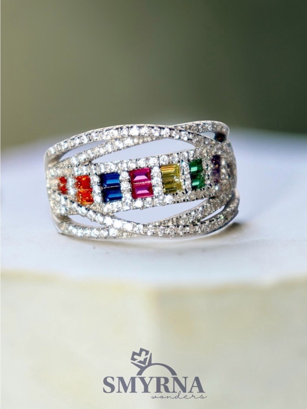 Rainbow Sterling Silver Ring – Colorful Cubic Zirconia